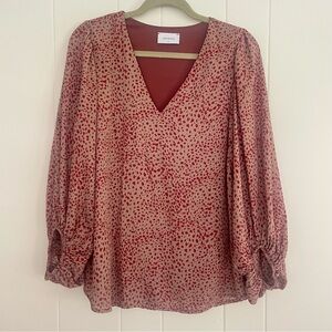 Adrienne Dusty Pink Cheetah Print Bubble Sleeve V-Neck Tunic Top Size M